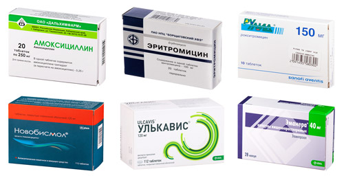 рекомендуемые препараты: Амоксициллин, Эритромицин, Рокситромицин, Новобисмол, Улькавис, Эзомепразол