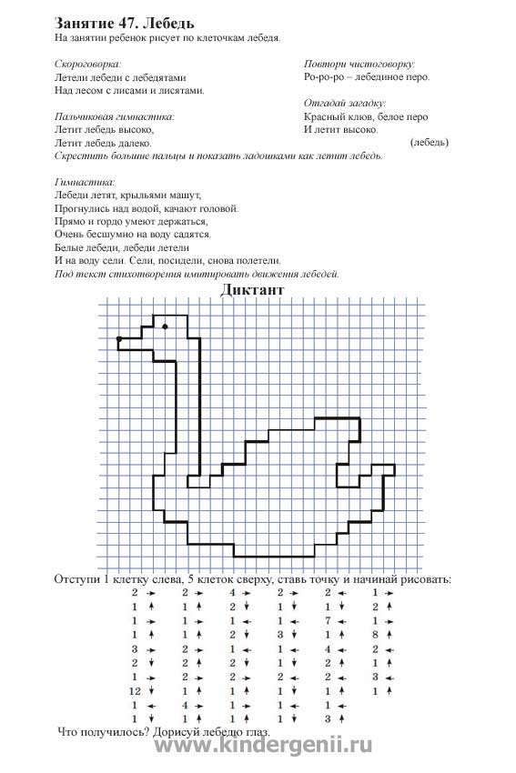 Графический диктант для дошкольников. Рисунок лебедя по клеткам